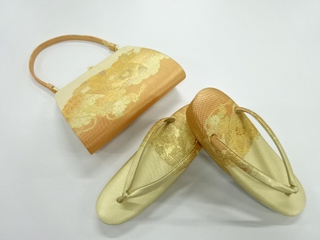 JAPANESE KIMONO / ANTIQUE BAG & ZORI (23.5 cm) SET / WOVEN FAN & MANSION